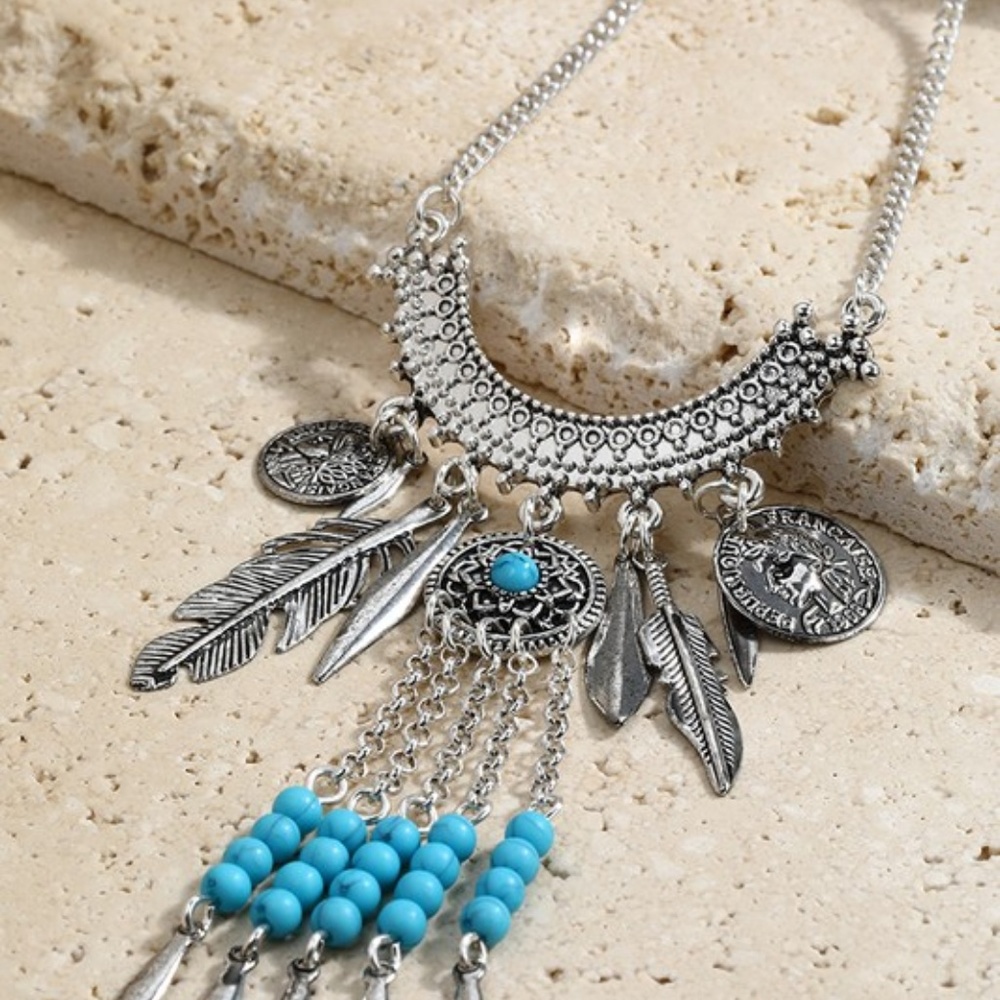 Bohemian Metal Feather Fringe and Coin Necklace